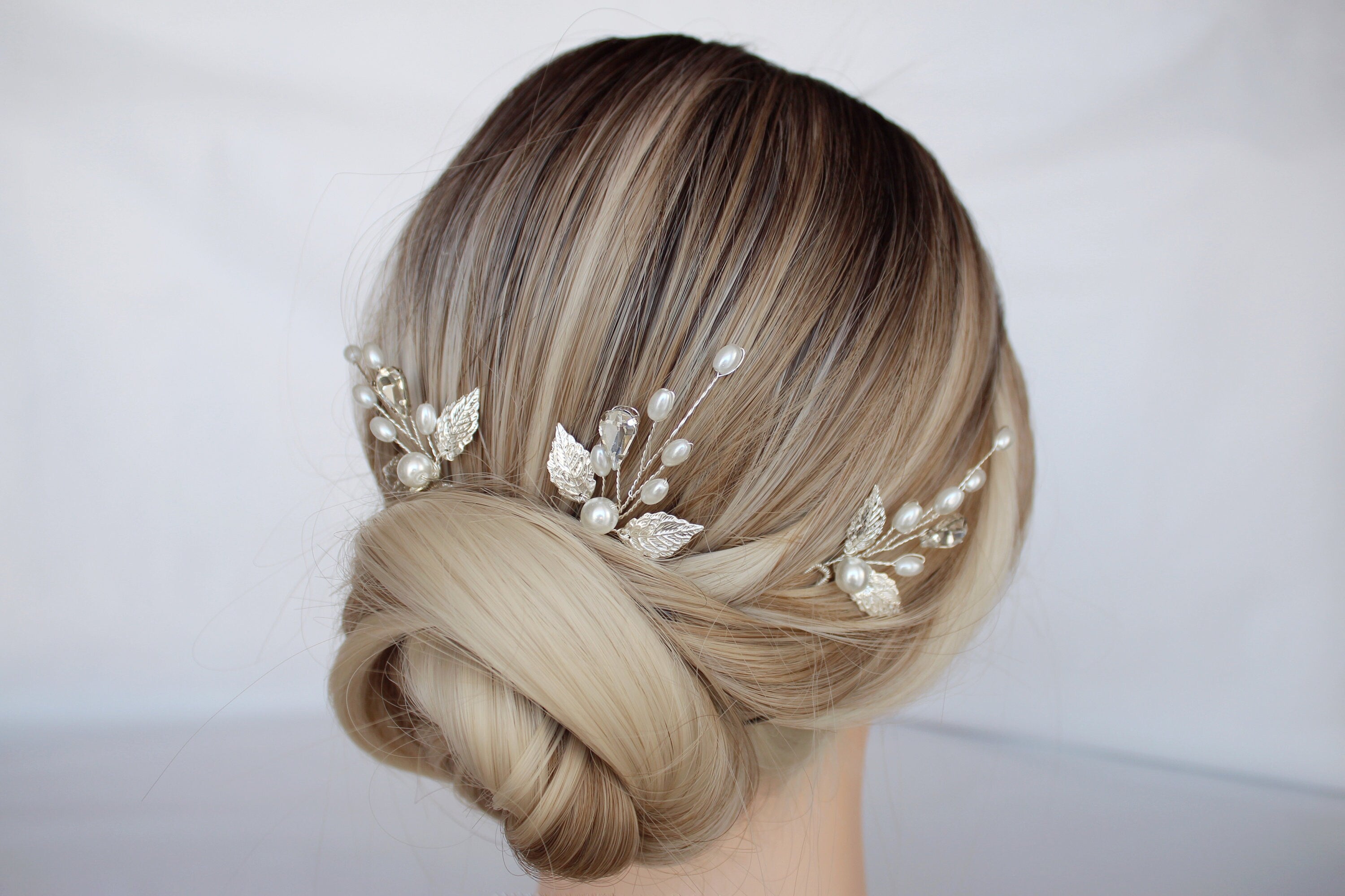 Silver Pearl Leaf Wedding Hair Pins: Bridal Rhinestone Accessory