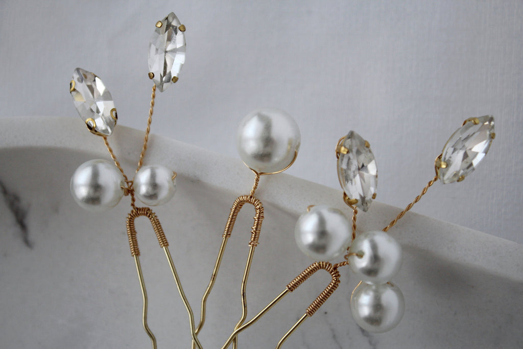 Pearl Wedding Hair Pins: Gold Bridal Crystal Hair Piece Set
