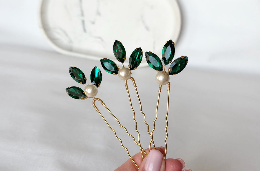 Emerald Green Pearl Hair Pins, Set of 3 Elegant Wedding Hair Accessories