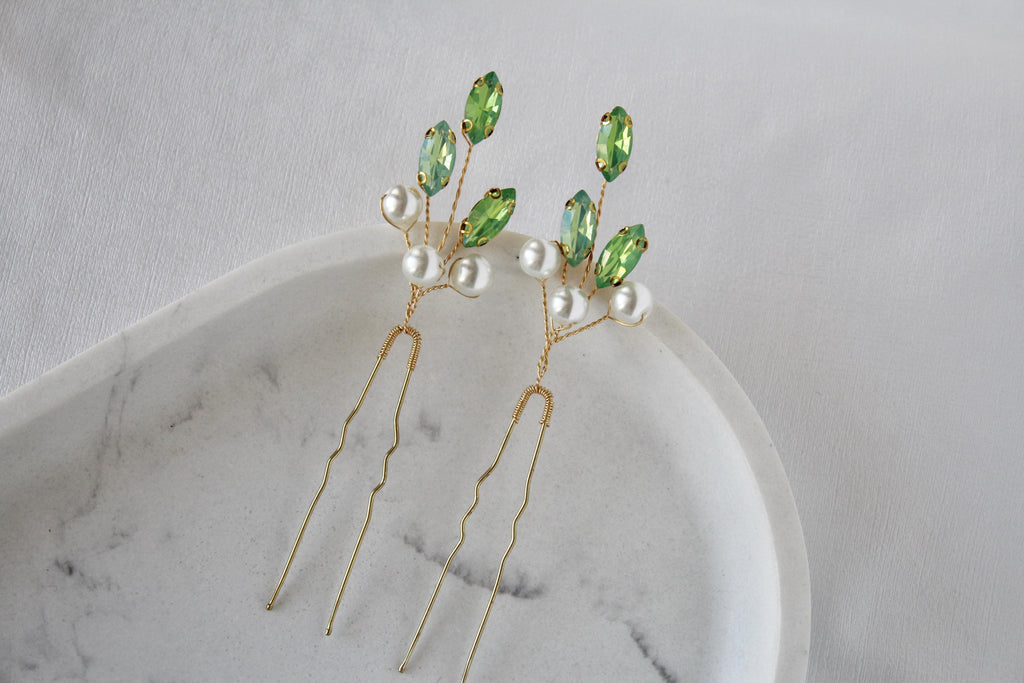 Green Opal Pearl Hair Pins: Bridal Wedding Hair Accessories