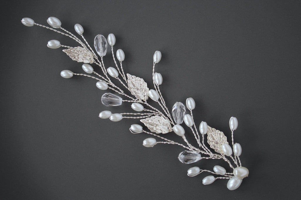Silver Leaf Hair Vine, Pearl Wedding Hairpiece, Gold Bridal Headband, Rose Gold Hair Piece, Wedding Hair Accessory, Rhinestone Hair vine