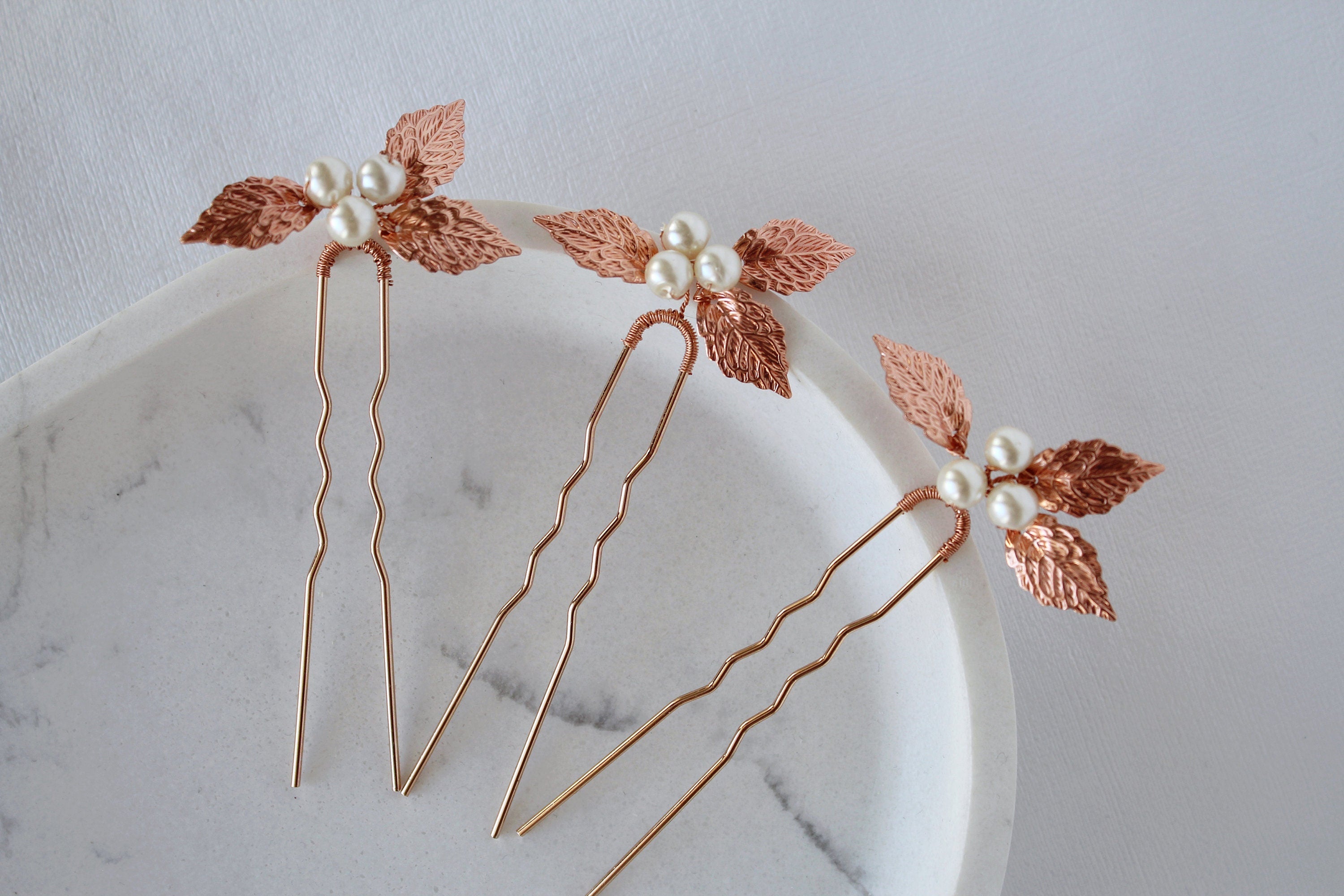 Rose Gold Pearl Wedding Hair Pins: Bridal Leaf Hair Piece