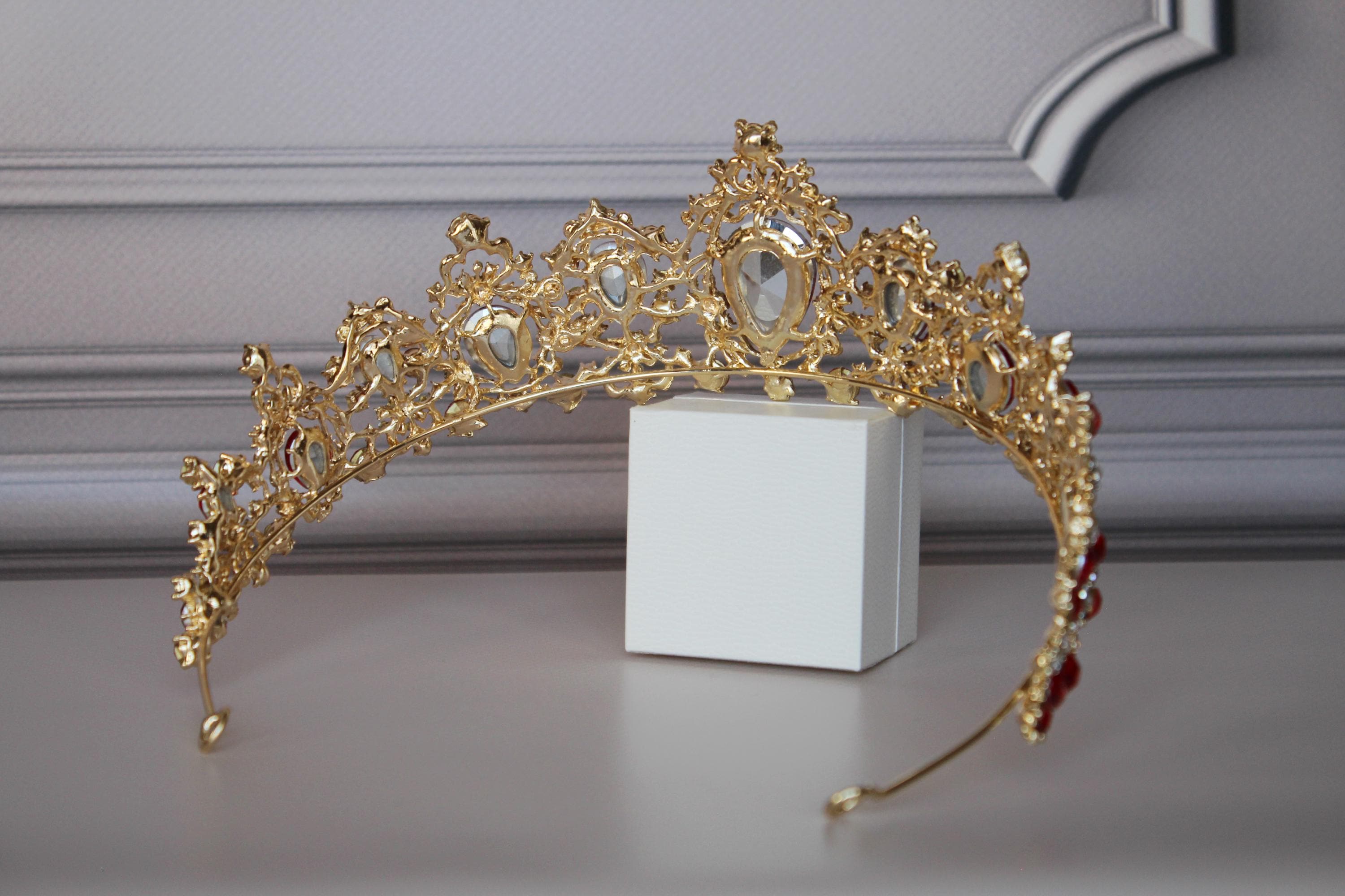Red Ruby tiara with earrings, Prom tiara