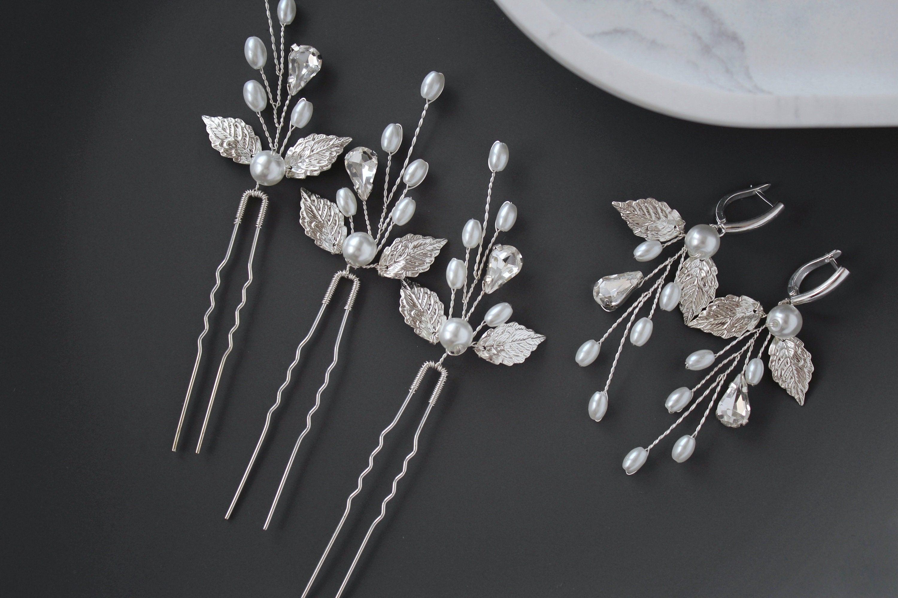 Silver Pearl Leaf Wedding Hair Pins: Bridal Rhinestone Accessory