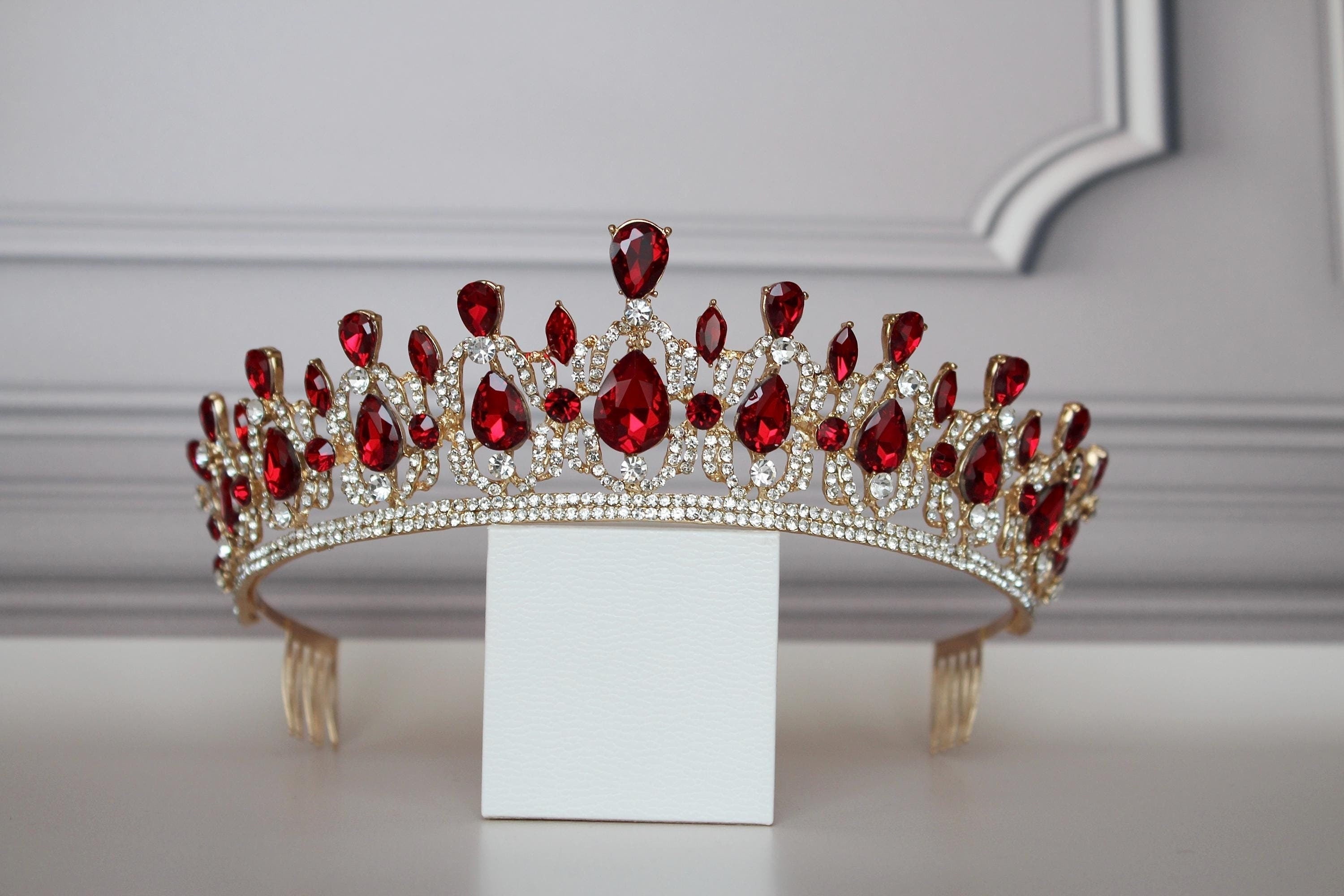 Red tiara-headpiece, Gold Quinceañera crown