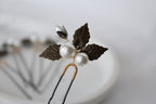 Vintage Pearl Hair Pins: Bronze Leaf Bridal Hair Accessory