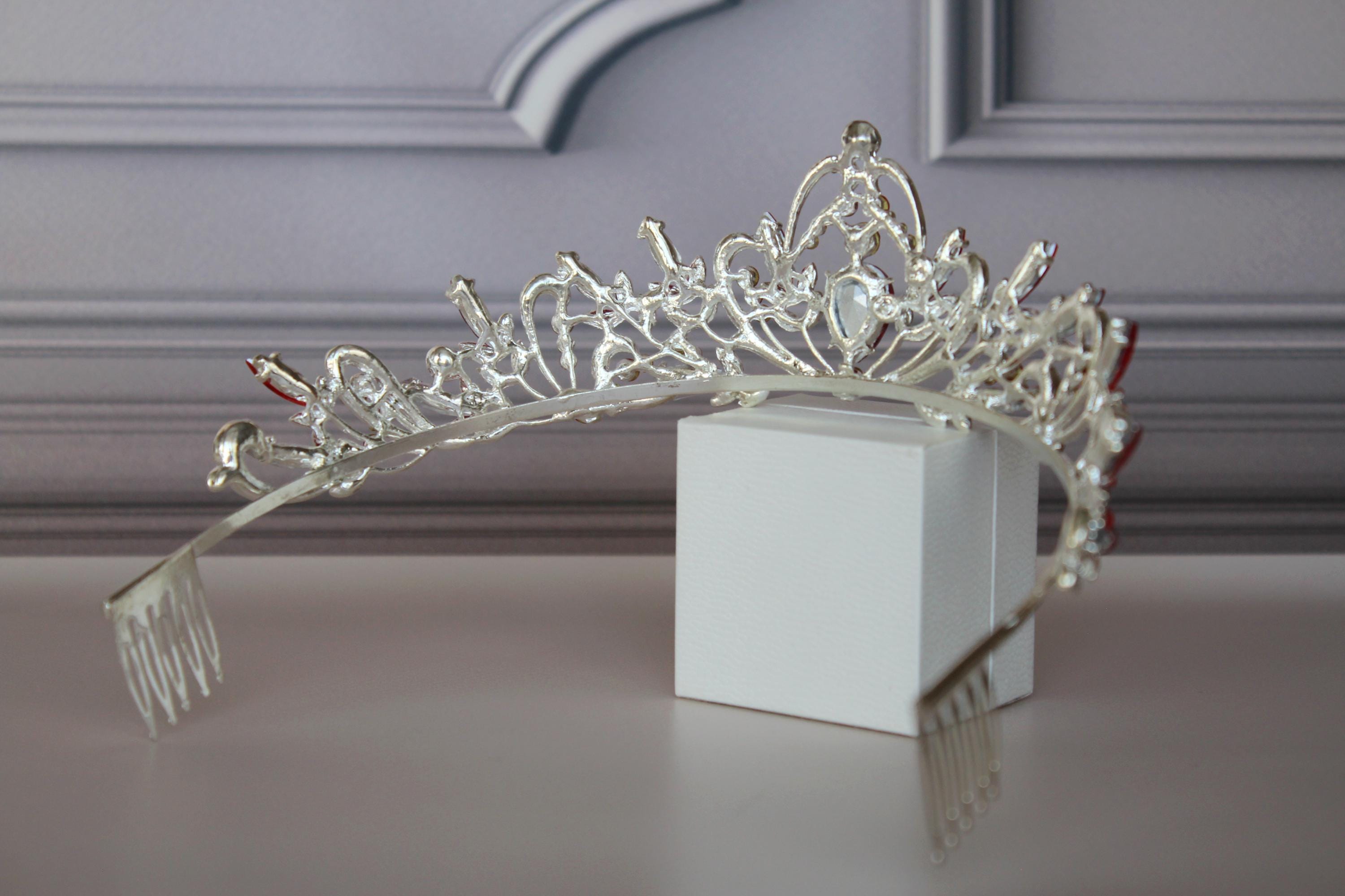 Red Silver tiara, Wedding crown, Ruby red princess tiara