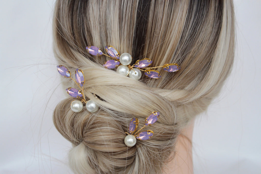 Purple Crystal Bridal Hair Pins: Lavender Wedding Hair Piece