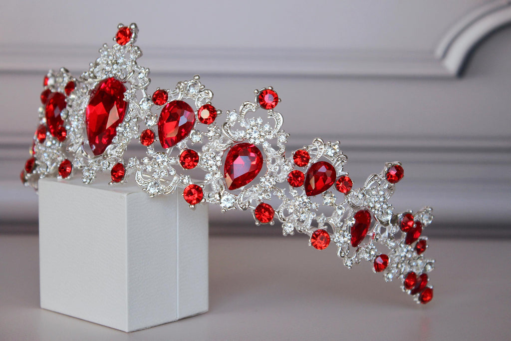 Royal Silver Wedding Crown with Red Crystals