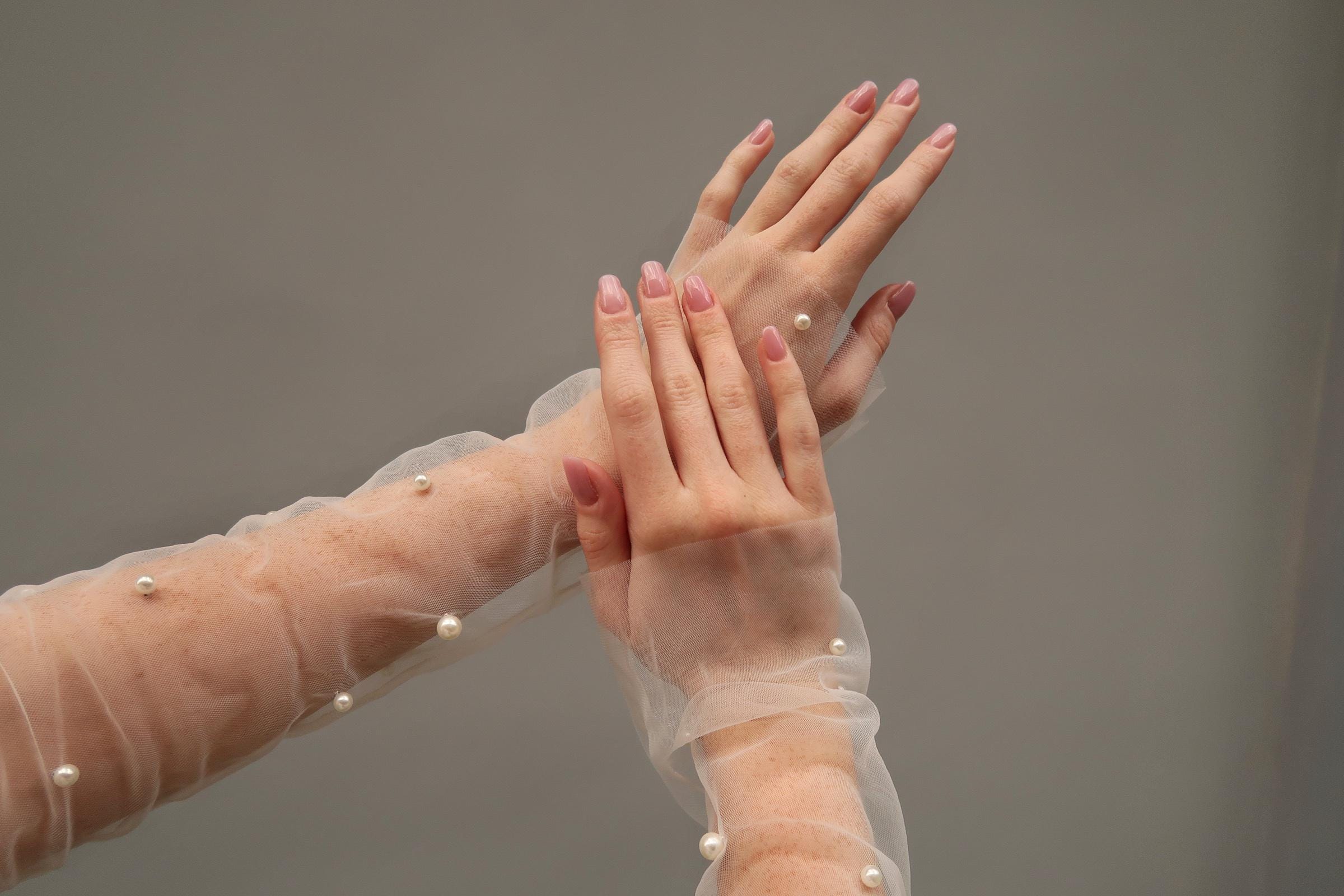 Pearl Fingerless Bridal Gloves, Long Tulle Sheer Sleeve
