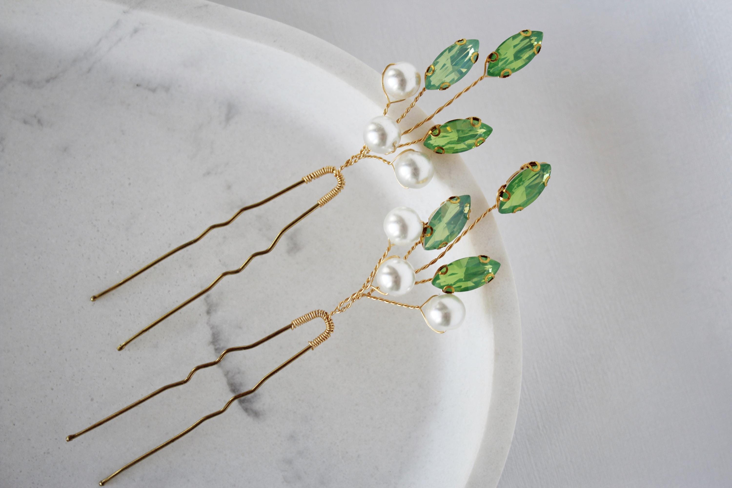 Green Opal Pearl Hair Pins: Bridal Wedding Hair Accessories