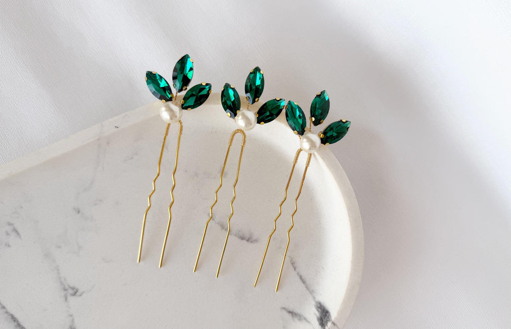 Emerald Green Pearl Hair Pins, Set of 3 Elegant Wedding Hair Accessories