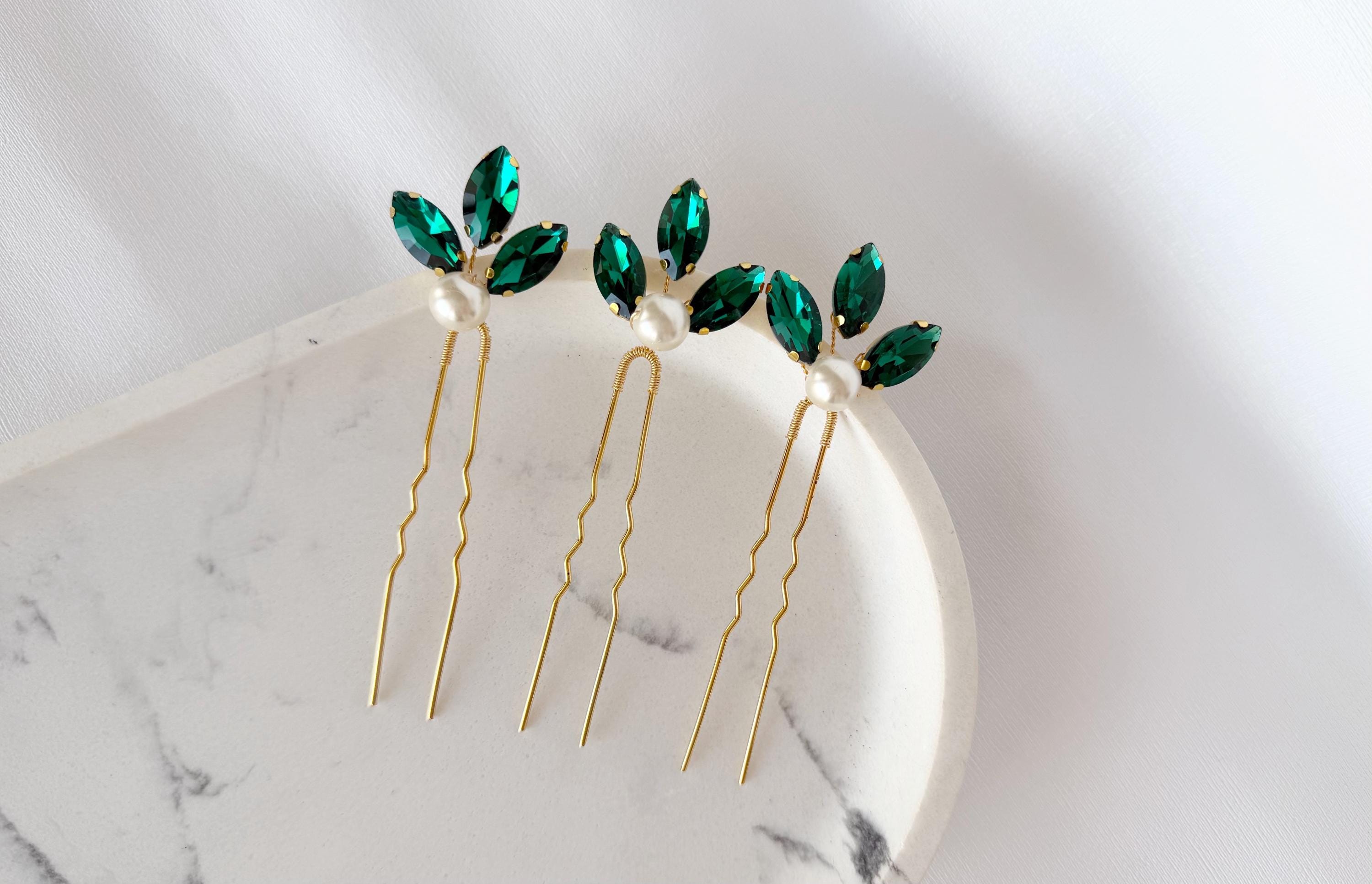 Emerald Green Pearl Hair Pins, Set of 3 Elegant Wedding Hair Accessories