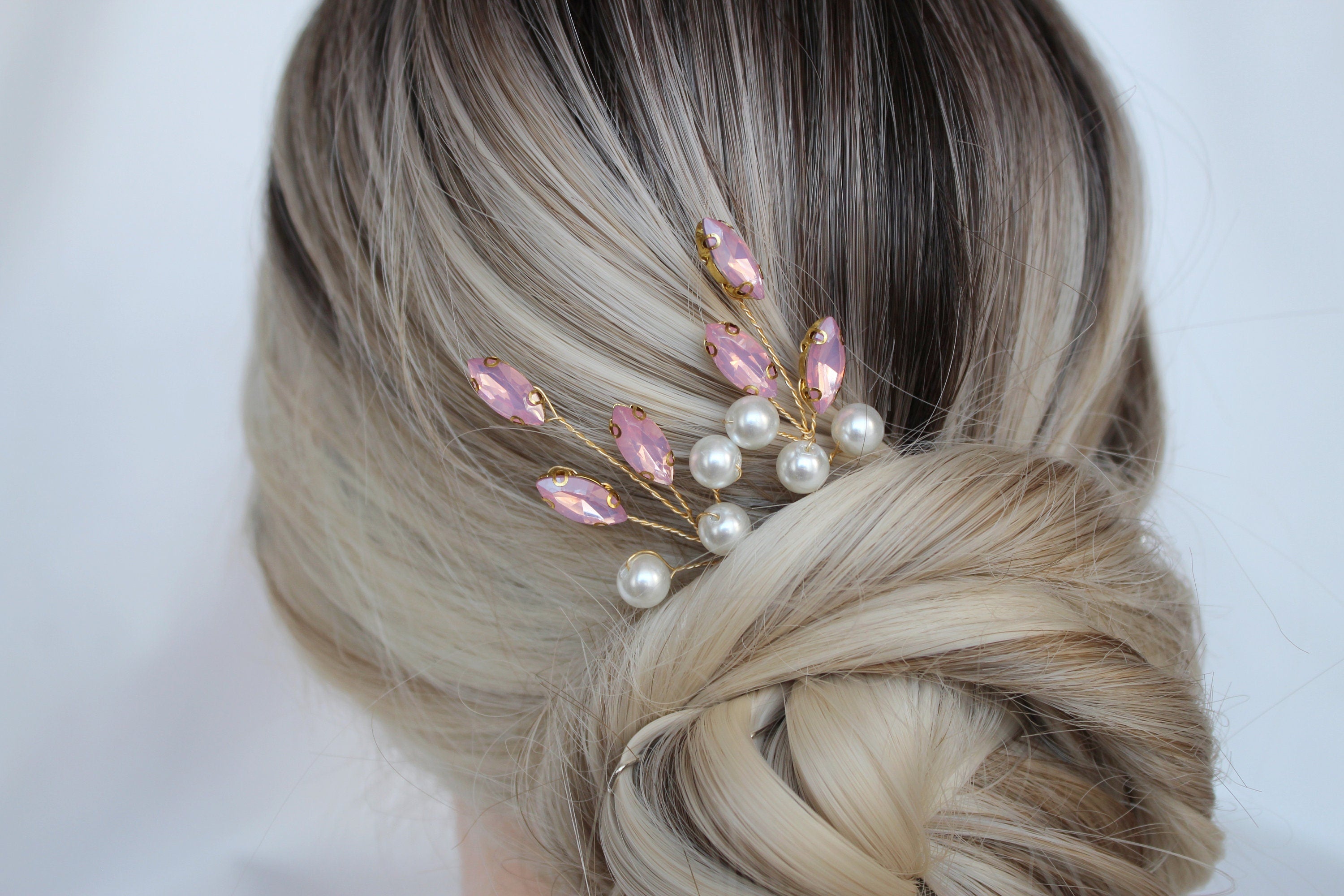 Pink Opal Crystal Hair Pins: Wedding Hair Piece