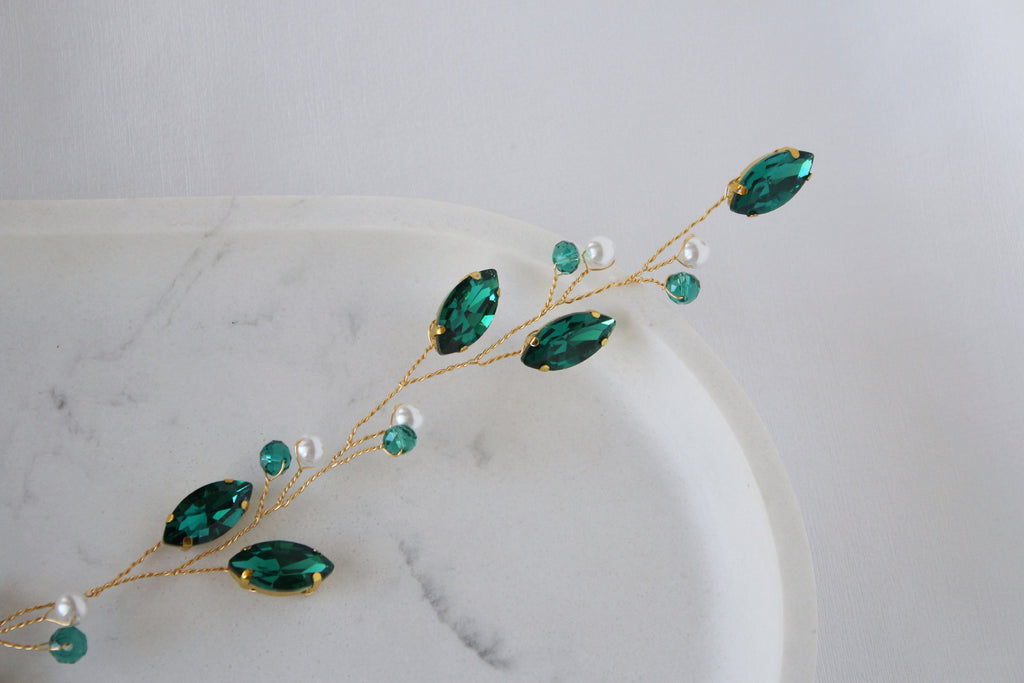 Emerald Hair Vine: Green Pearl Bridal Headpiece