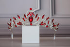 Red Silver tiara, Wedding crown, Ruby red princess tiara