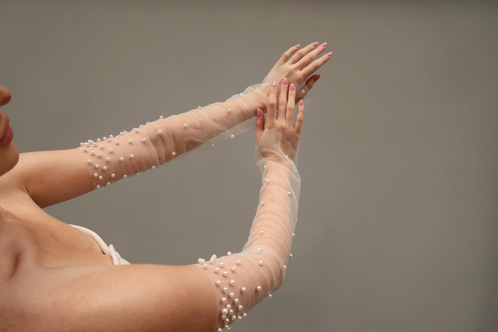 Pearl Fingerless Bridal Gloves, Long Tulle Sheer Sleeve