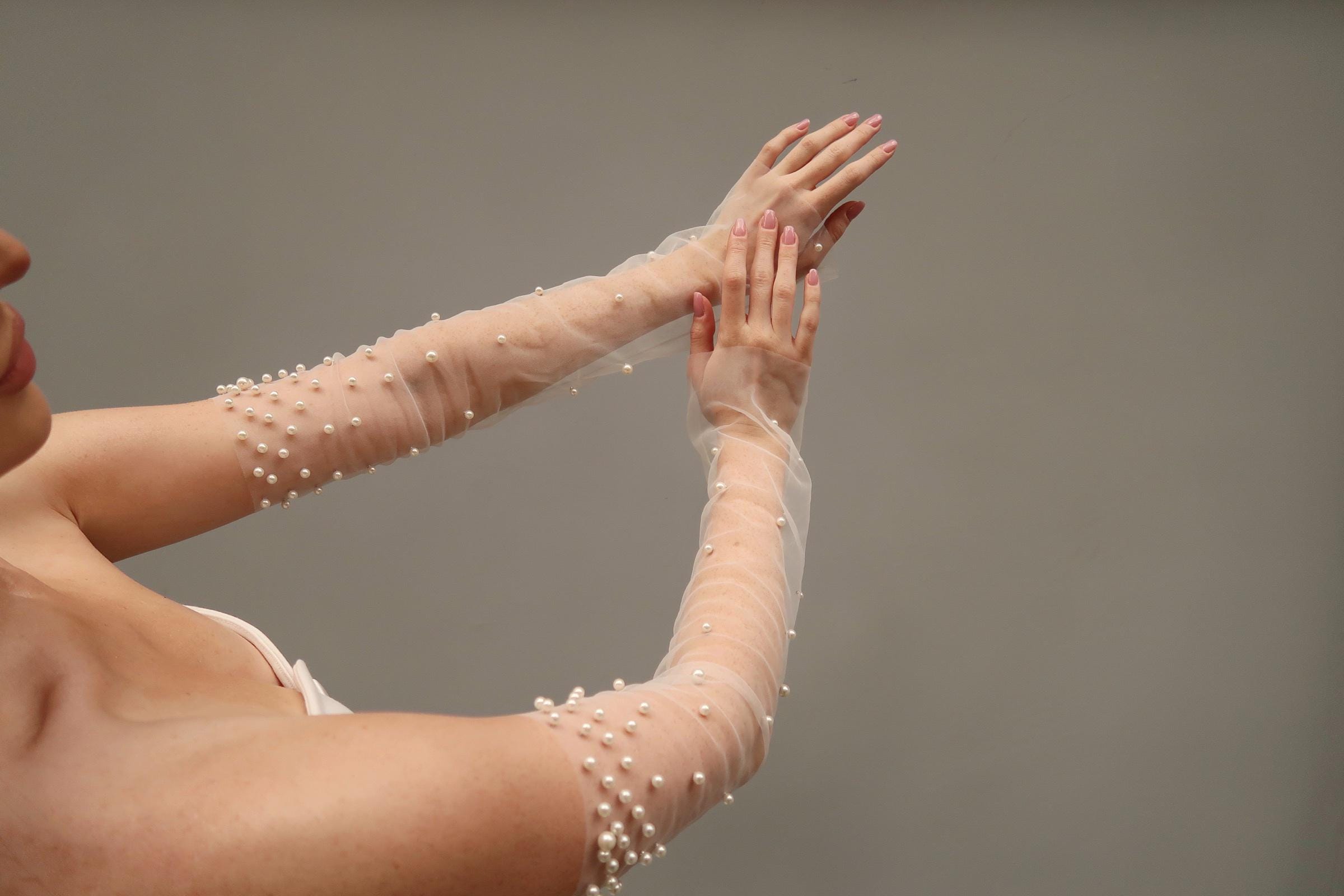 Pearl Fingerless Bridal Gloves, Long Tulle Sheer Sleeve