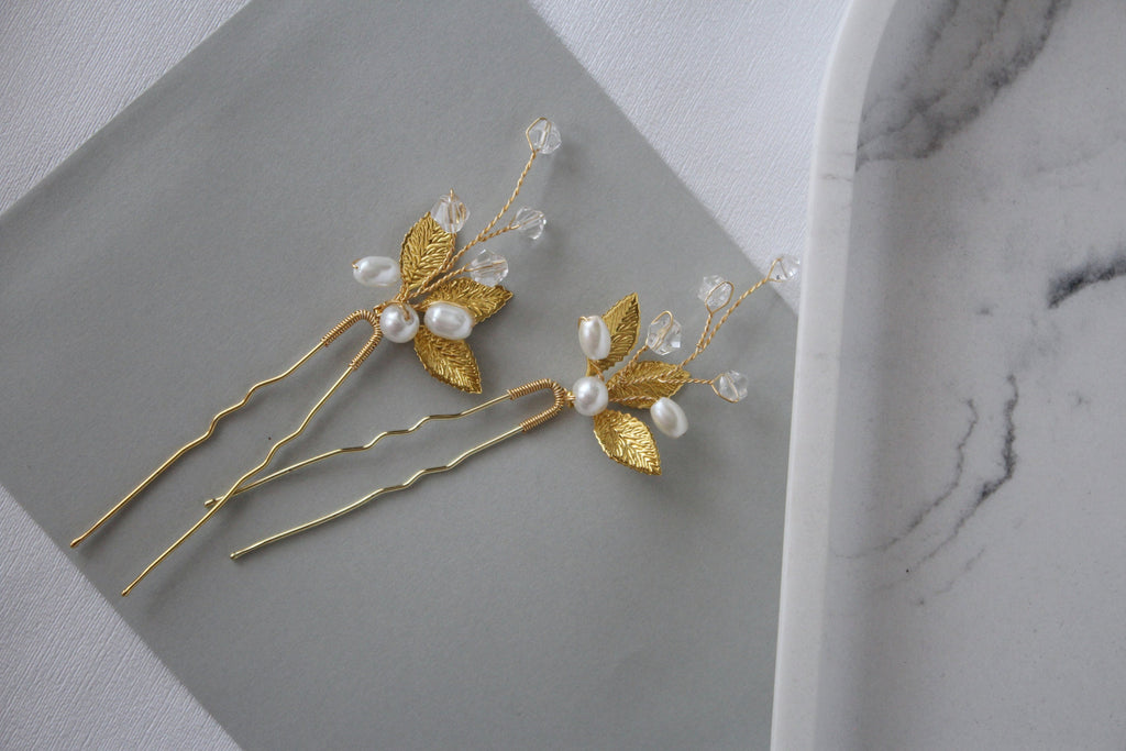 Gold Leaf Pearl Hair Pins: Bridal Rhinestone Hair Piece