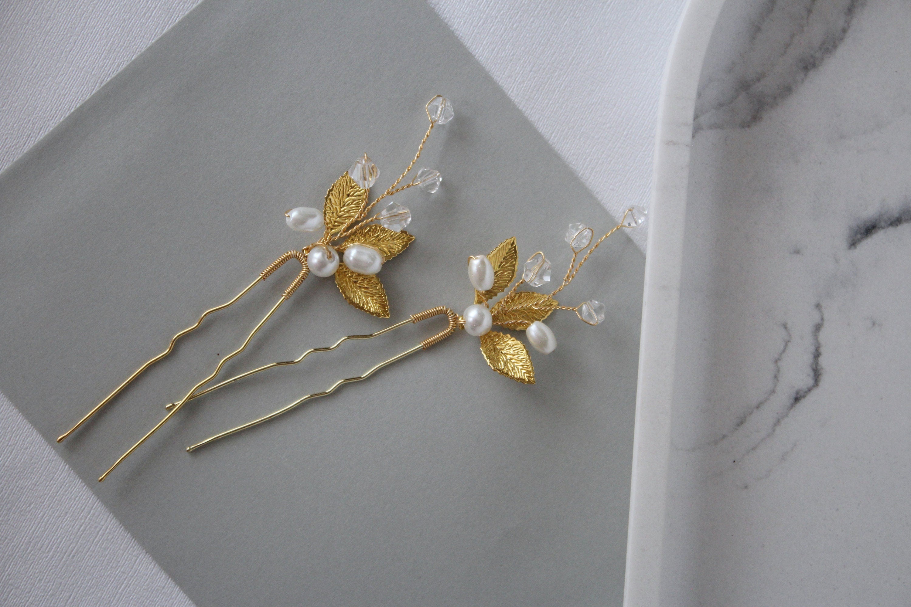 Gold Leaf Pearl Hair Pins: Bridal Rhinestone Hair Piece