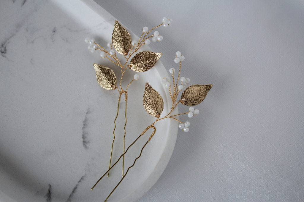 Gold Leaf Wedding Hair Pins: Crystal Bridal Hair Accessory Set