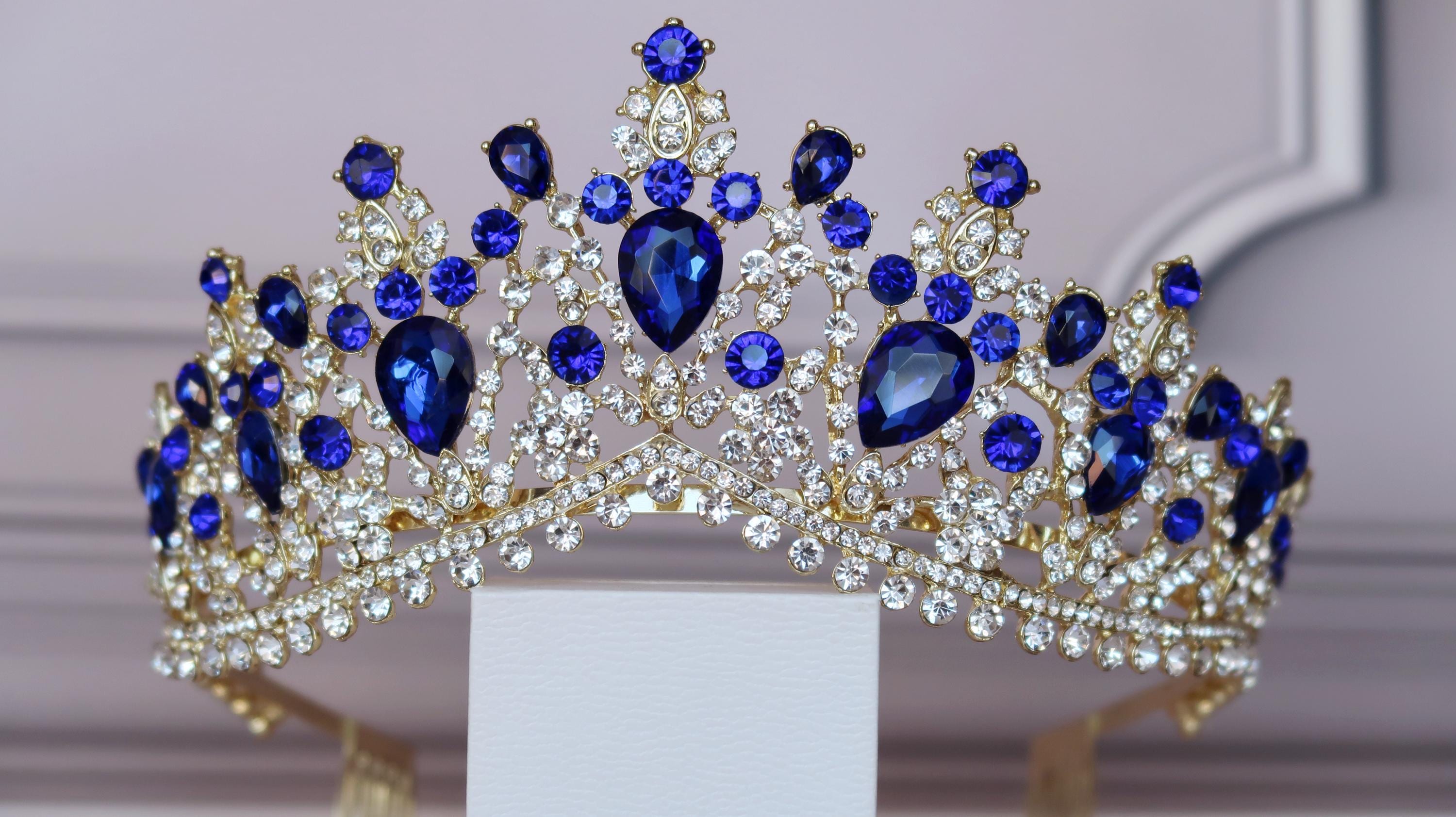 Sapphire Blue gold crown, Quinceanera tiara