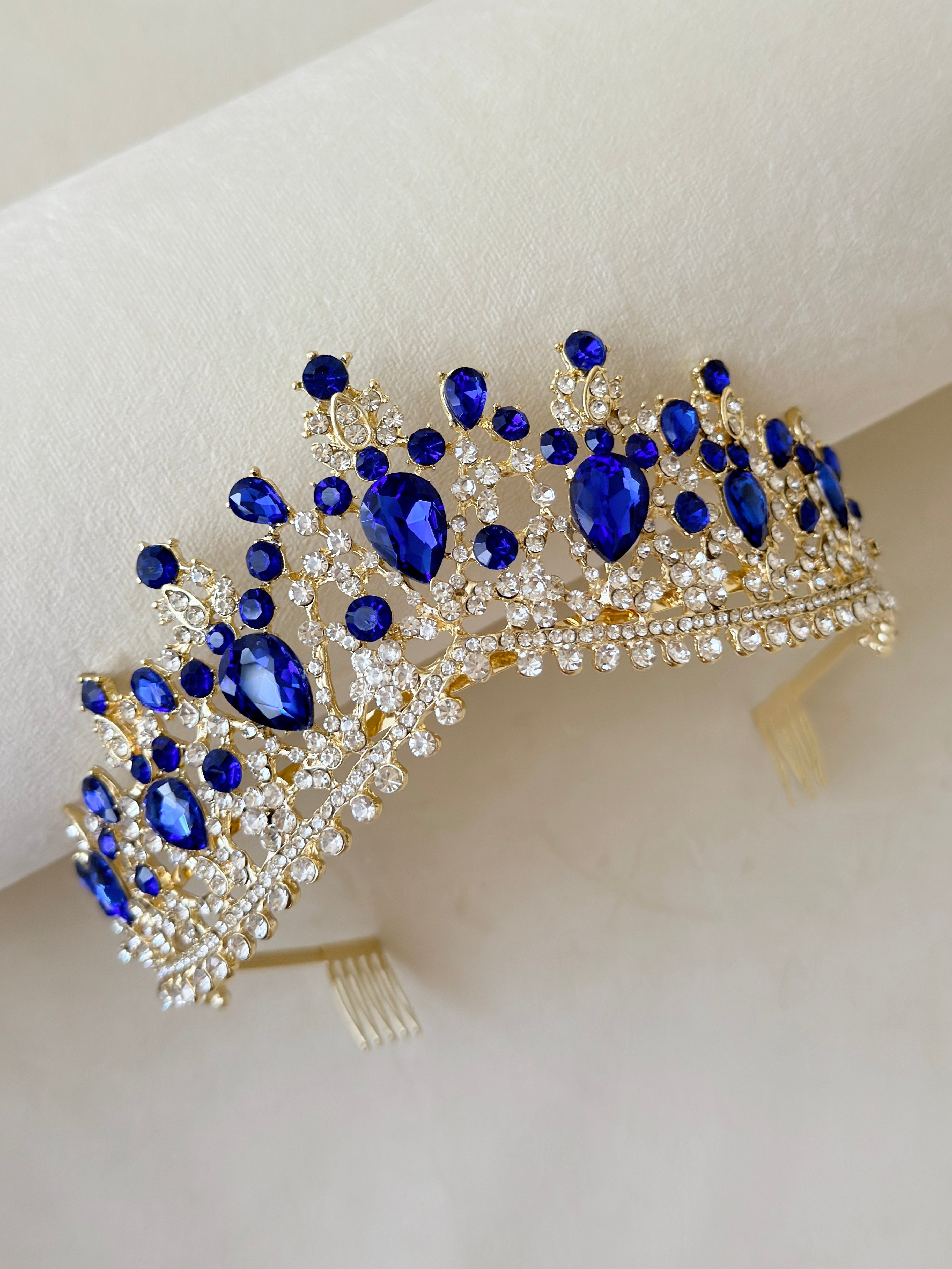 Sapphire Blue gold crown, Quinceanera tiara
