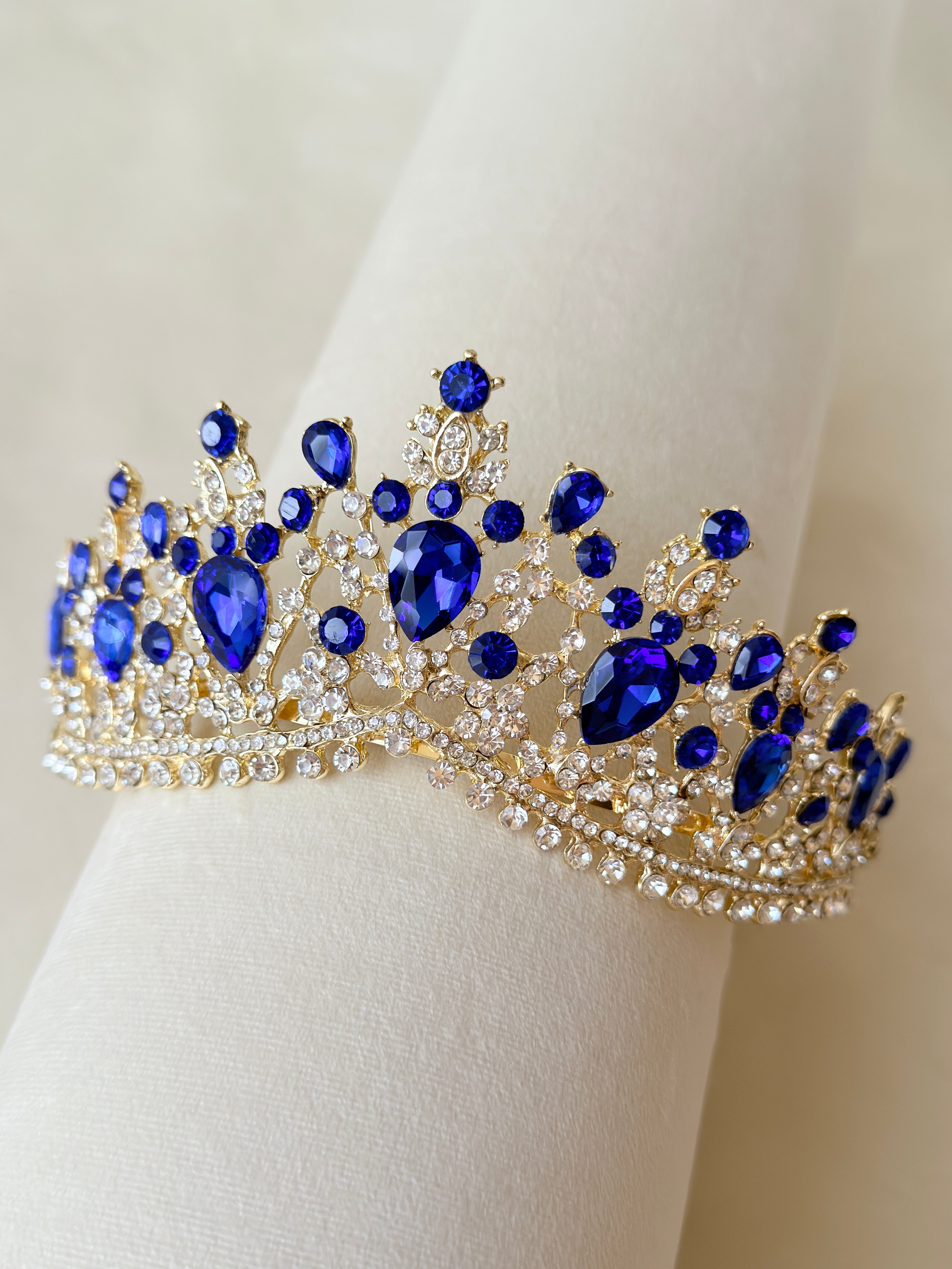 Sapphire Blue gold crown, Quinceanera tiara