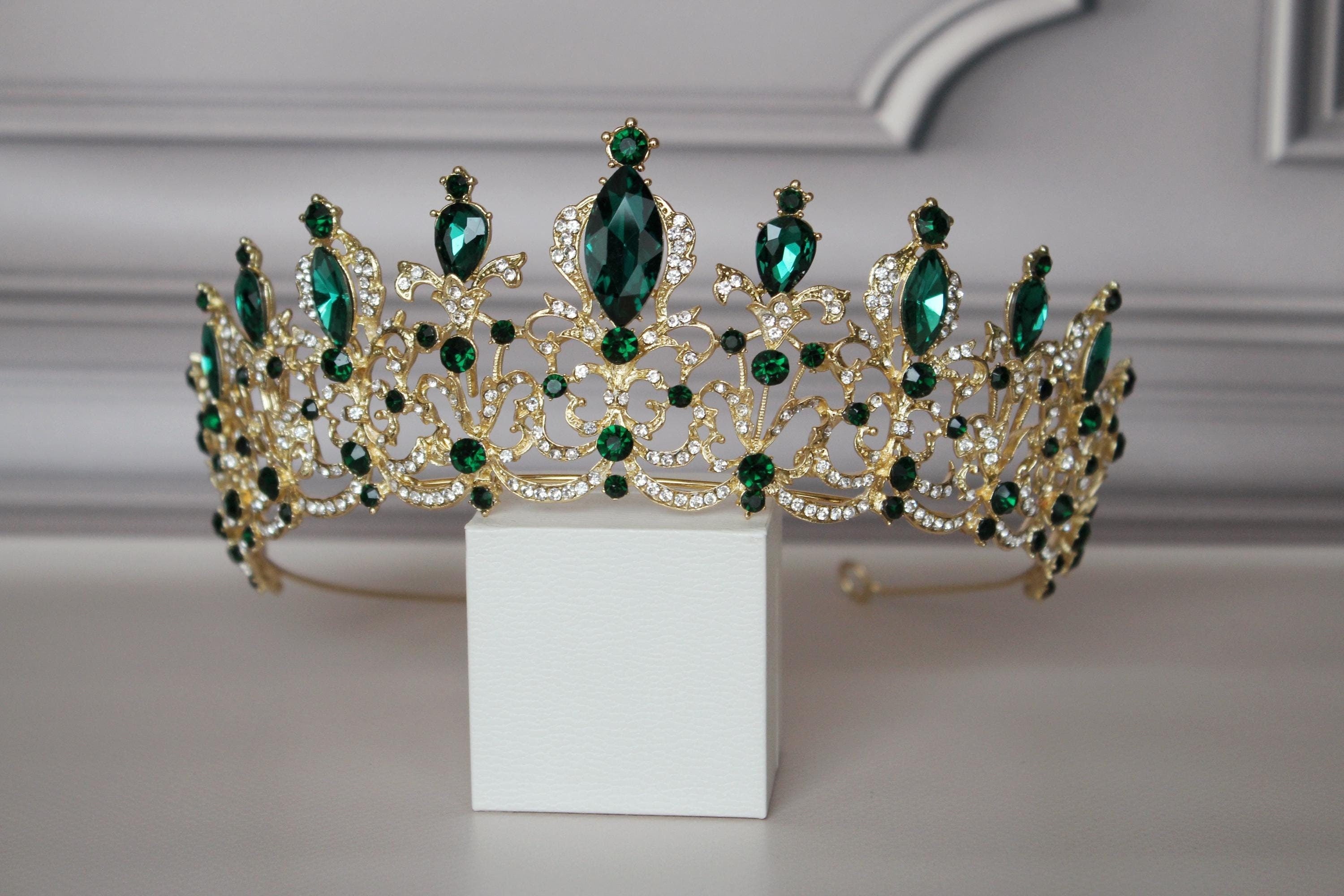 Green and Gold Bridal Tiara, Emerald Wedding Headpiece