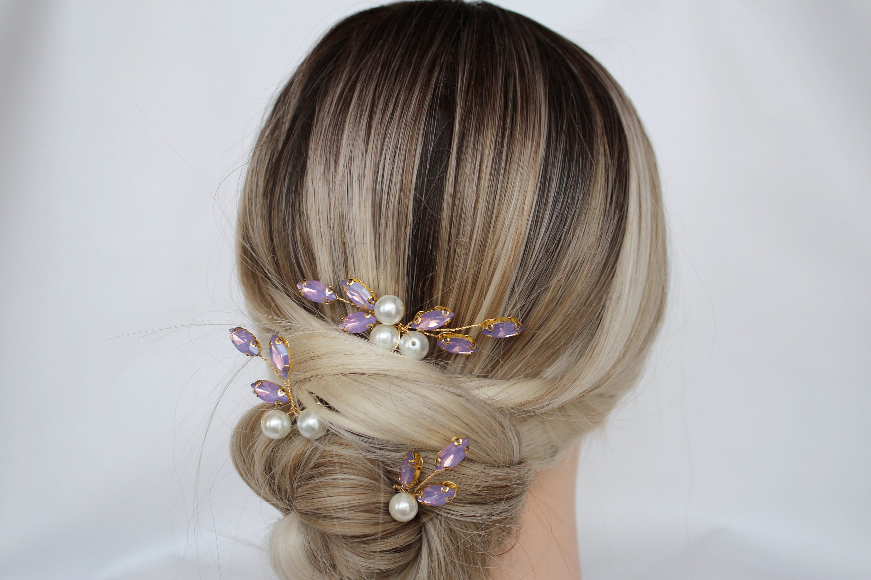Purple Crystal Bridal Hair Pins: Lavender Wedding Hair Piece