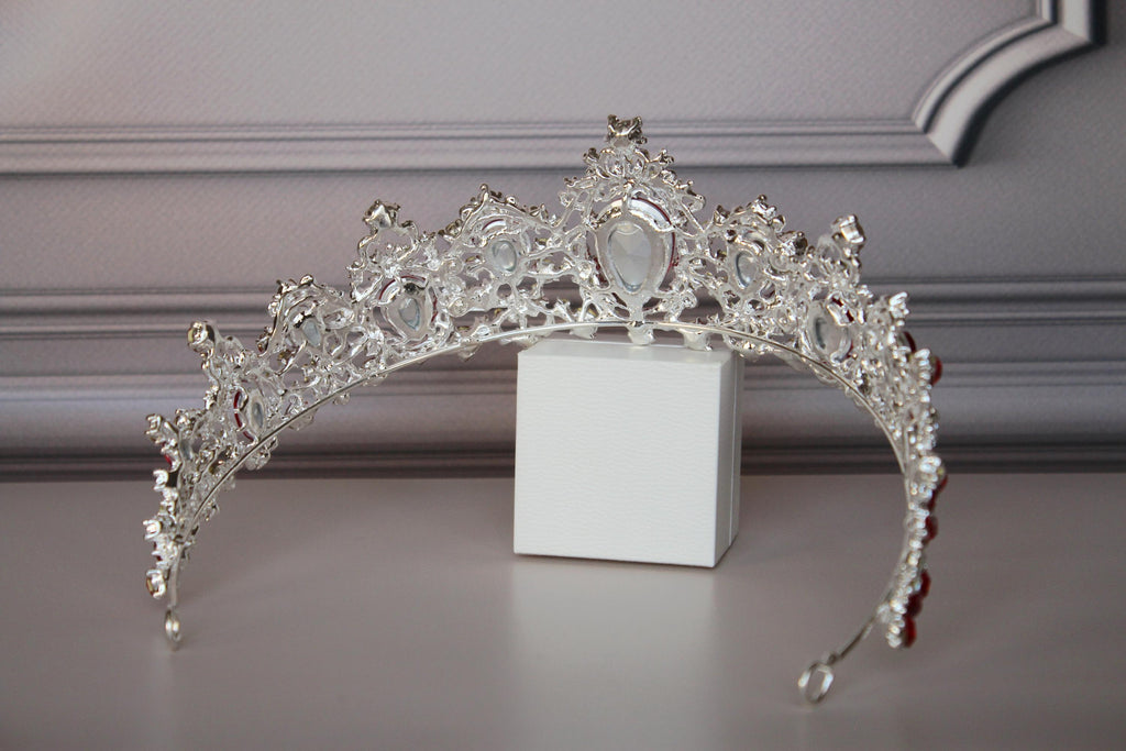 Royal Silver Wedding Crown with Red Crystals