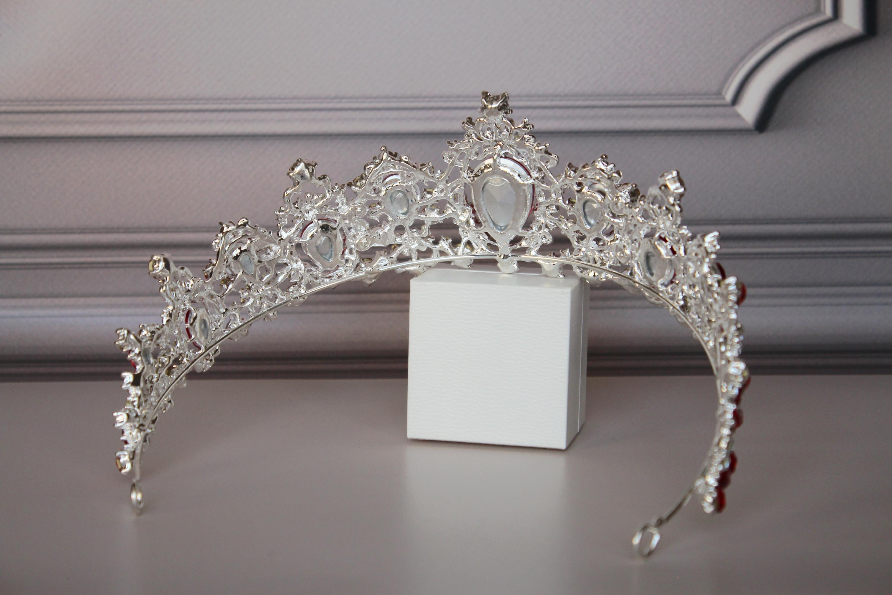 Royal Silver Wedding Crown with Red Crystals