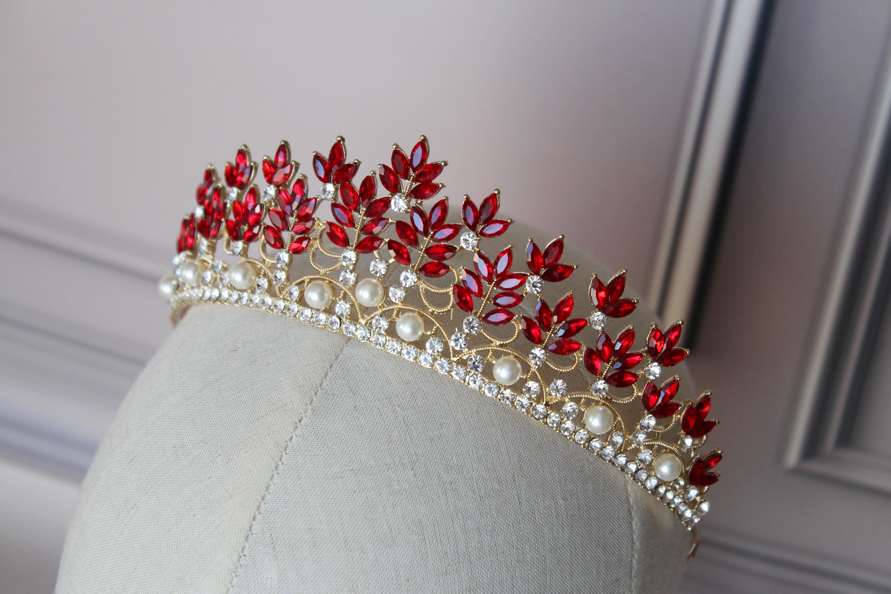 Royal Red tiara, Gold and Pearl bridal tiara
