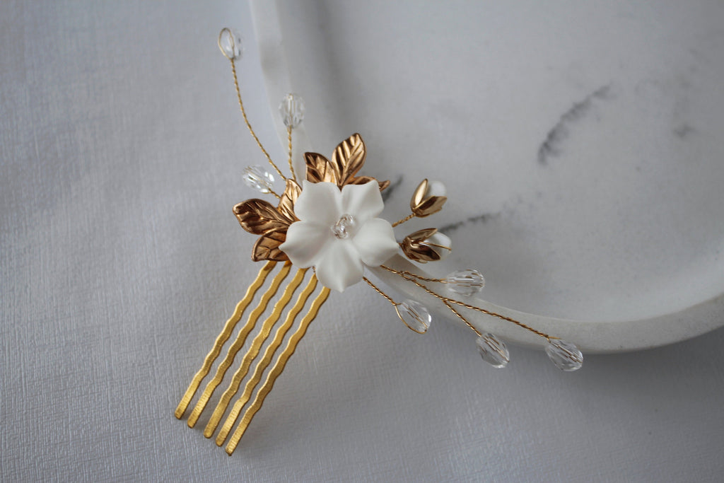 Gold Flower Wedding Hair Comb: Rhinestone Pearl Bridal Hairpiece