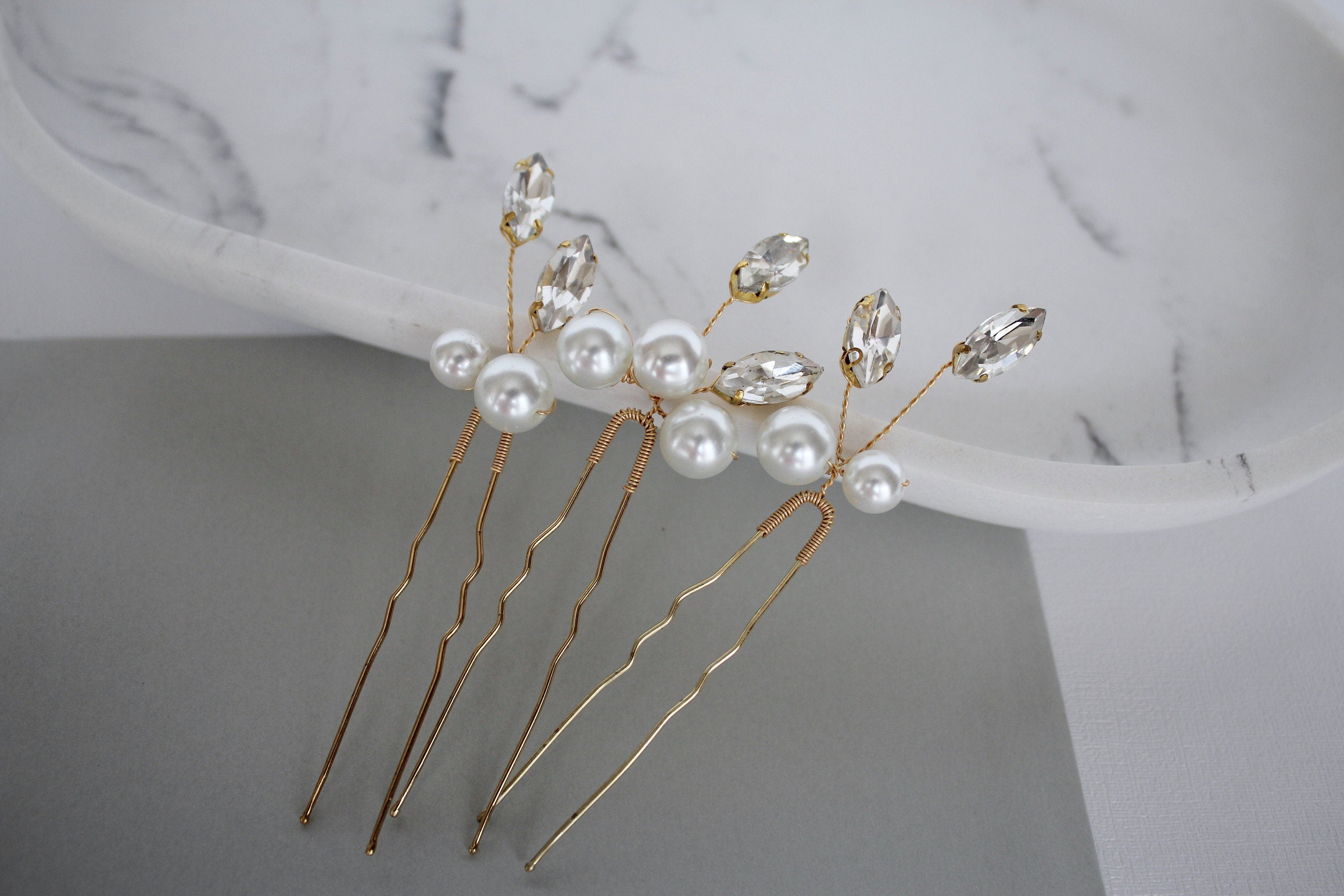 Pearl Crystal Wedding Hair Pins: Gold Bridal Hair Accessory, Set of 3