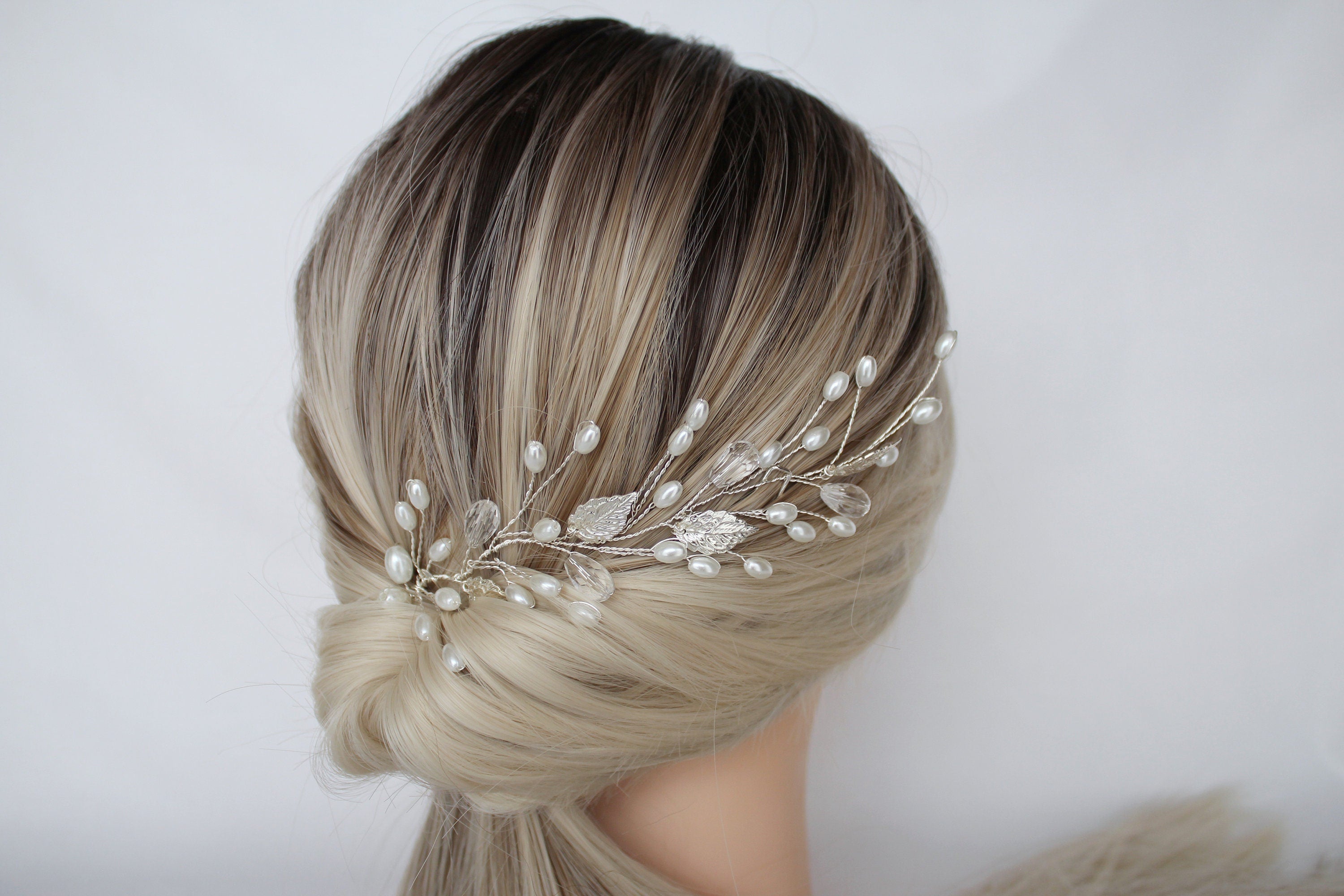 Silver Leaf Hair Vine, Pearl Wedding Hairpiece, Gold Bridal Headband, Rose Gold Hair Piece, Wedding Hair Accessory, Rhinestone Hair vine