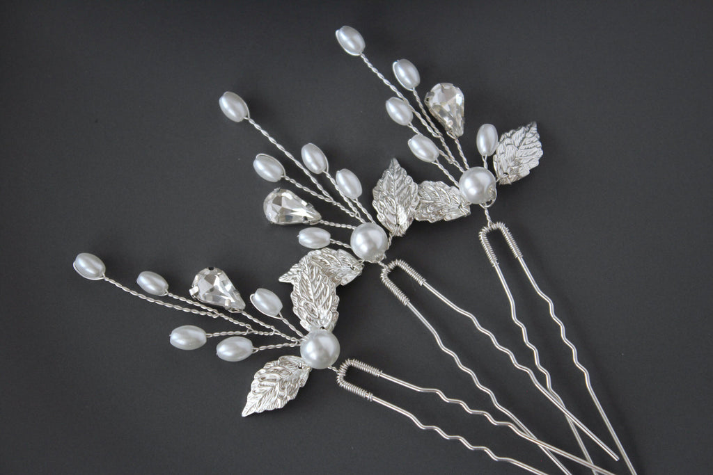 Silver Pearl Leaf Wedding Hair Pins: Bridal Rhinestone Accessory