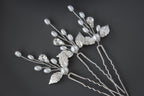 Silver Pearl Leaf Wedding Hair Pins: Bridal Rhinestone Accessory