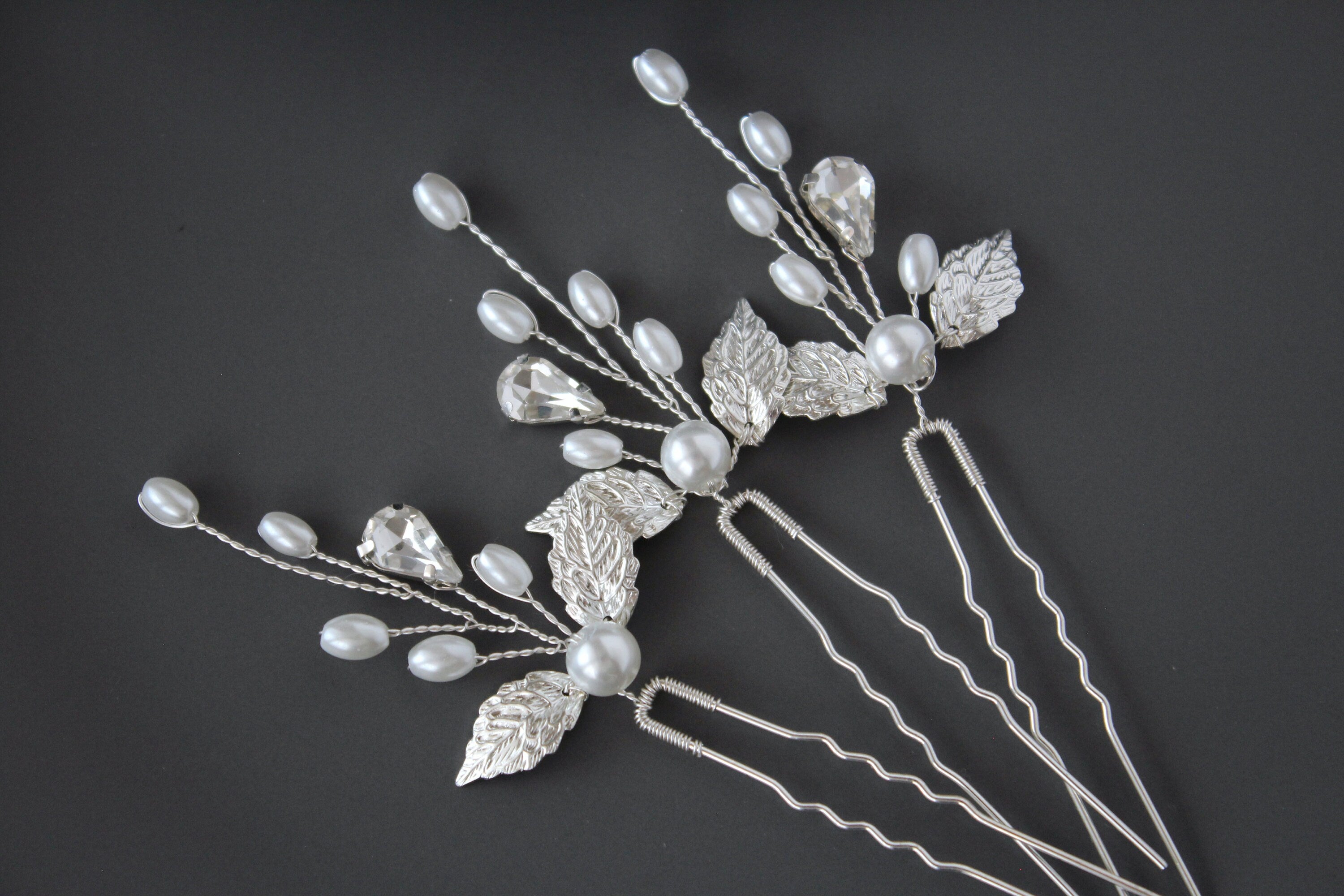 Silver Pearl Leaf Wedding Hair Pins: Bridal Rhinestone Accessory