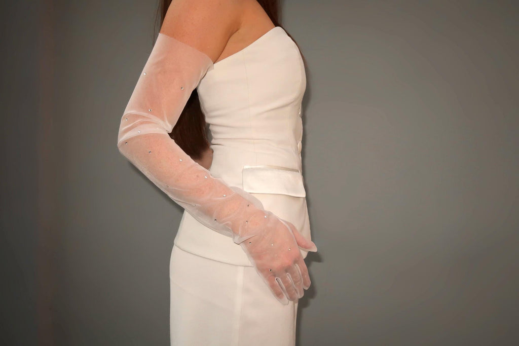 Crystal Long bridal gloves, White tulle gloves