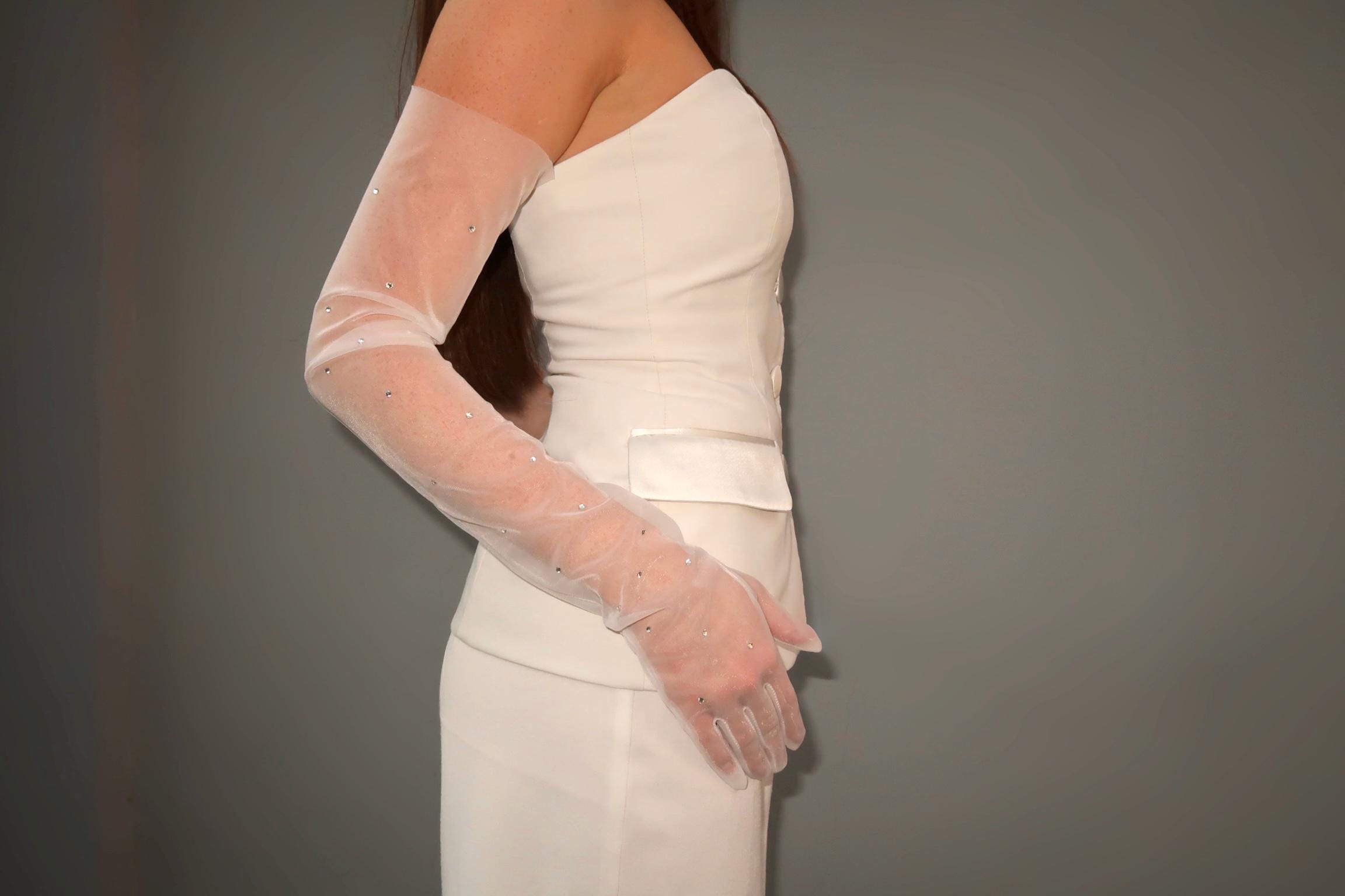 Crystal Long bridal gloves, White tulle gloves