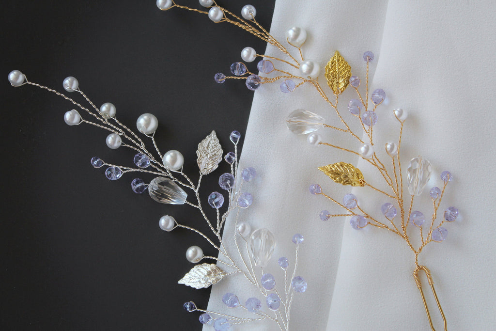 Purple Bridal Hair Pins: Lavender Leaf Headpiece