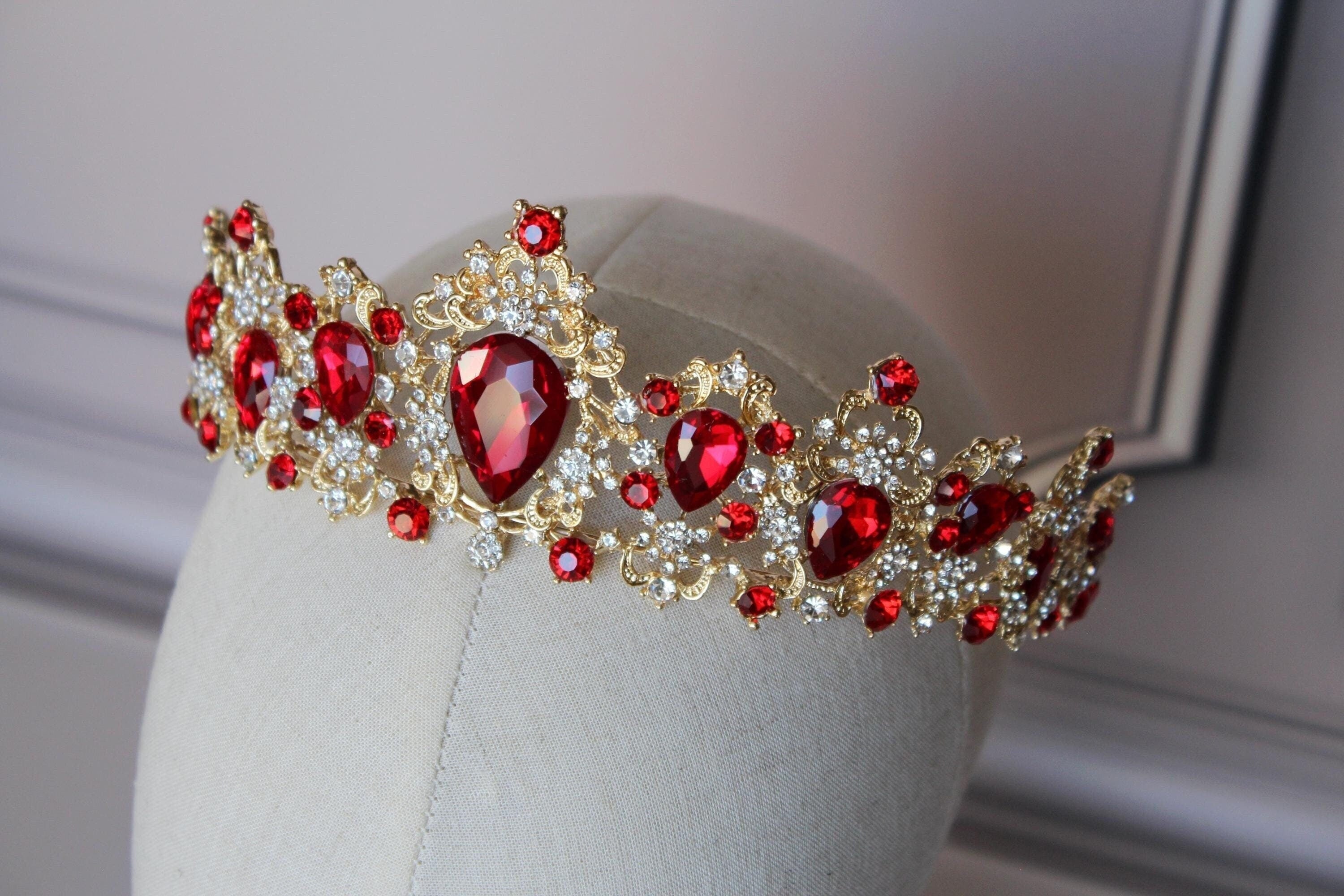 Red Ruby tiara with earrings, Prom tiara
