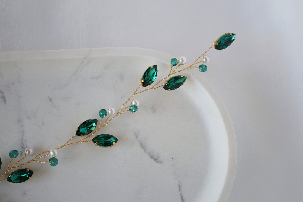Emerald Hair Vine: Green Pearl Bridal Headpiece