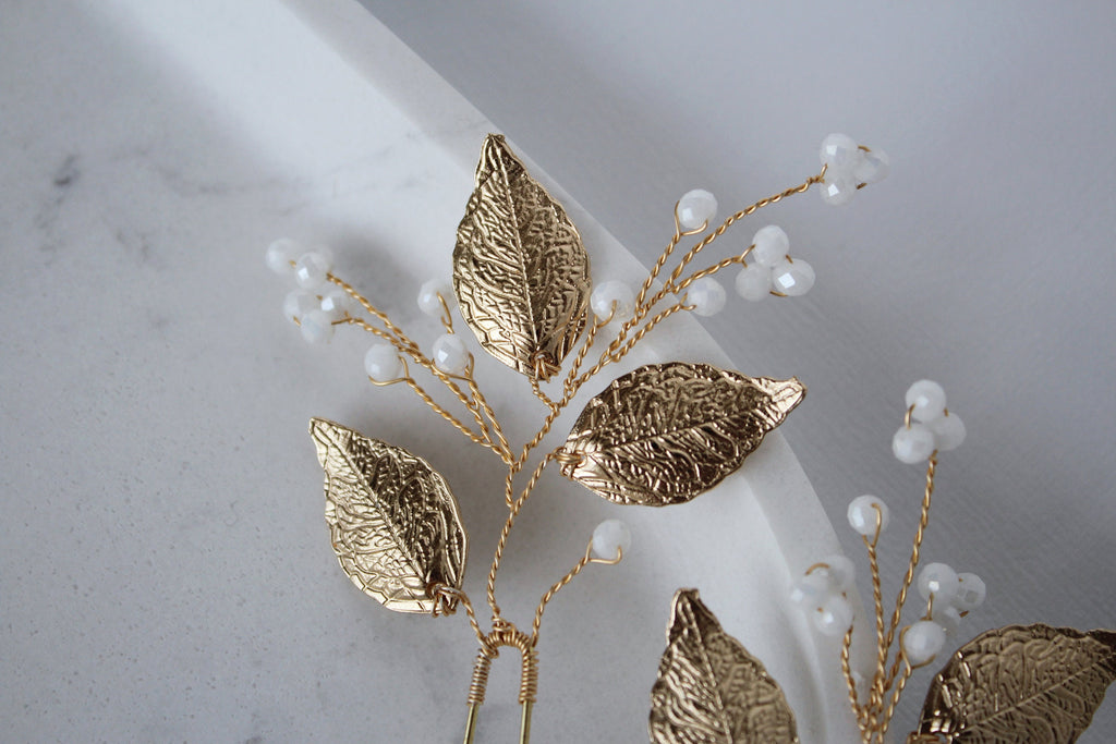 Gold Leaf Wedding Hair Pins: Crystal Bridal Hair Accessory Set