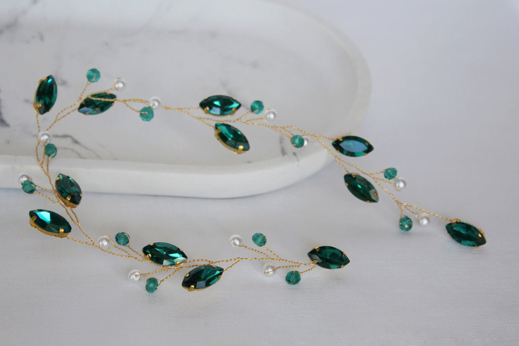 Emerald Hair Vine: Green Pearl Bridal Headpiece