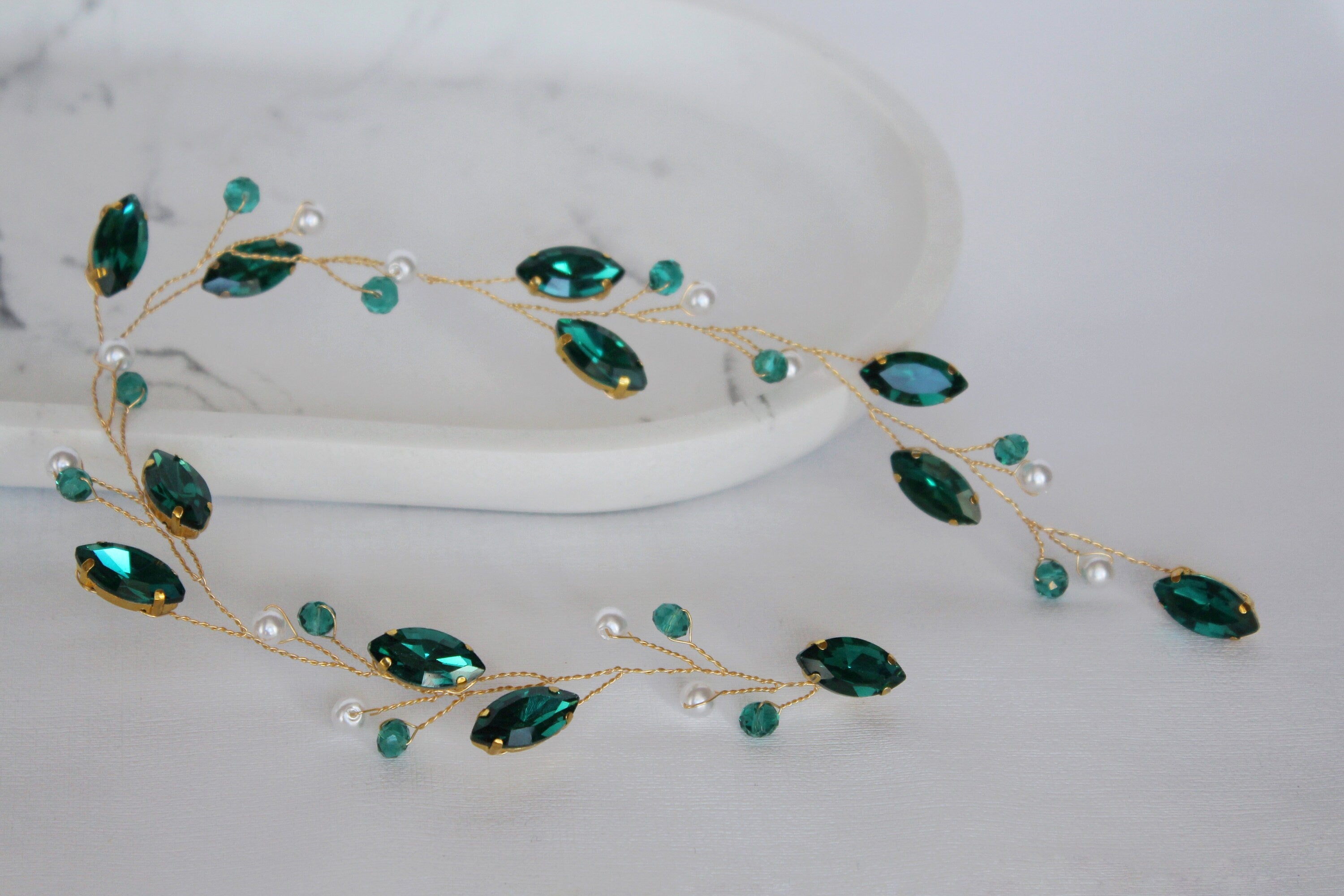 Emerald Hair Vine: Green Pearl Bridal Headpiece