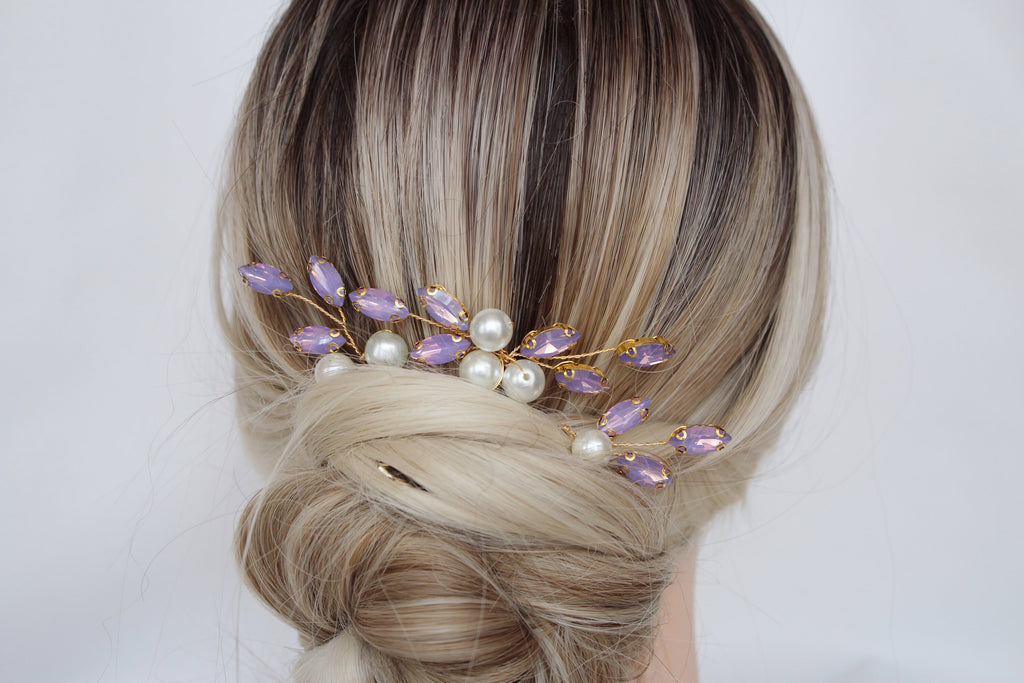 Purple Crystal Bridal Hair Pins: Lavender Wedding Hair Piece
