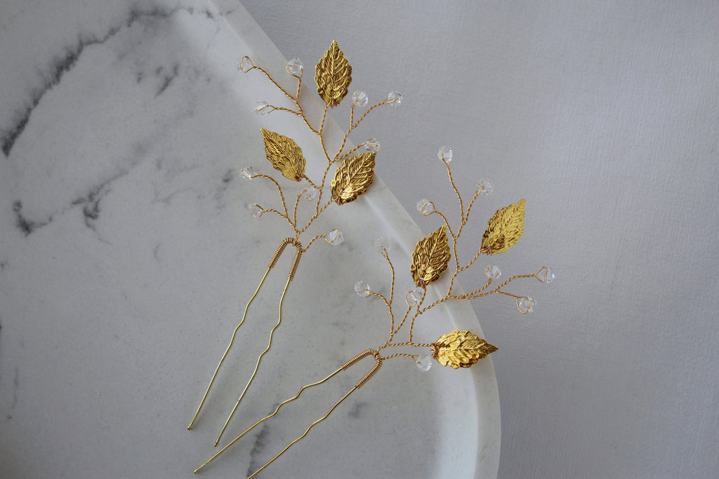 Gold Leaf Wedding Hair Pins: Crystal Bridal Hair Piece Set