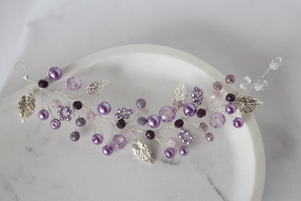 Purple Pearl Hair Vine: Lavender Bridal Headband, Amethyst Jewelry